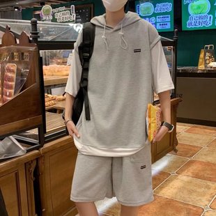 潮流華夫格休閑寬松連帽短袖 假兩件運(yùn)動(dòng)套裝 新款 短褲 男夏季 兩件套