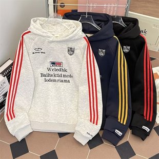 美式 复古街头连帽卫衣男秋冬学生印花宽松加绒上衣服潮牌条纹外套