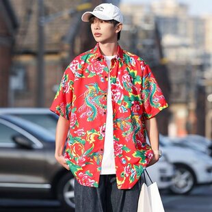 短袖衬衫男国潮东北大花衬衣中国风网红夏季穿搭帅气五分半袖寸衣