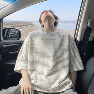 美式潮牌条纹t恤短袖男夏季高级感痞帅青少年宽松休闲半袖上衣服