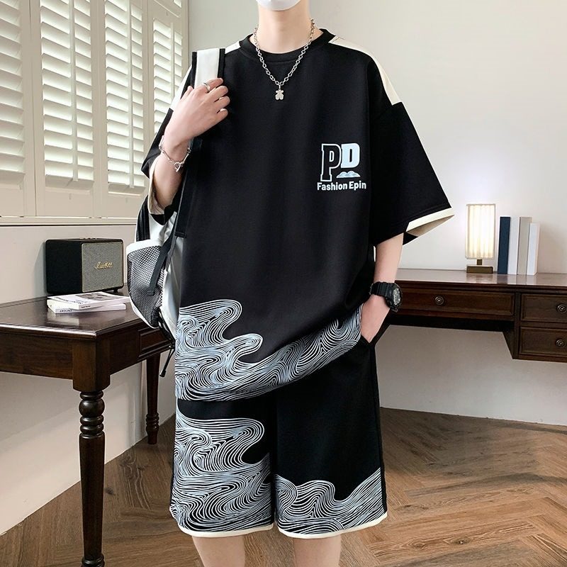 潮牌大码套装男夏季休闲运动男装一套衣服搭帅气短袖短裤两件套潮