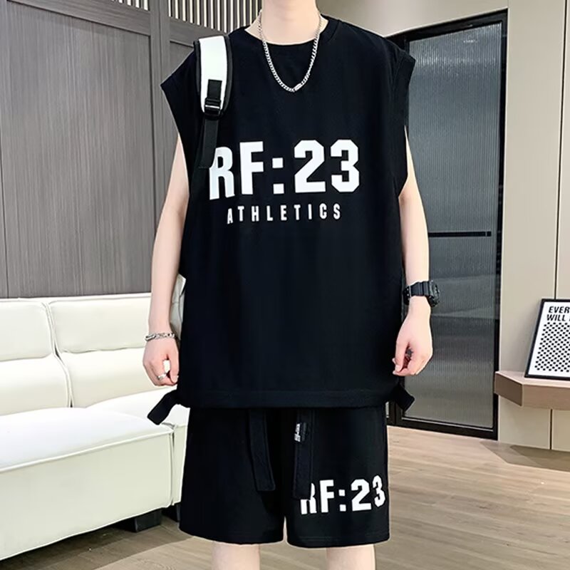 夏季潮牌大码背心短裤套装男