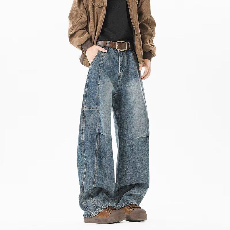 美式复古弯刀阔腿牛仔裤男