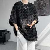 潮流发型师痞帅5分袖 暗黑系男装 小香风t恤男冷淡风高级感学生短袖