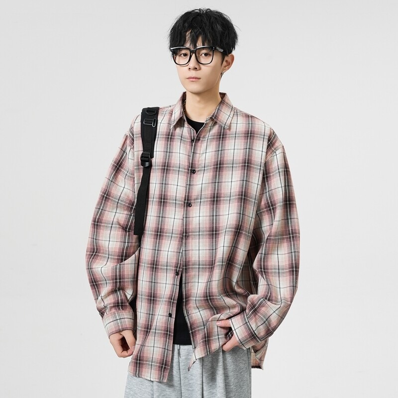 美式潮牌春夏季长袖格子衬衫男