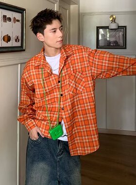 美式复古橙色格子长袖衬衫男女宽松百搭休闲高街学生情侣衬衣外套