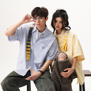 美式笑脸刺绣短袖衬衫男女夏季宽松多巴胺条纹半袖衬衣休闲外套潮