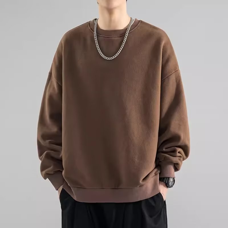 日系潮牌大码重磅卫衣男秋冬纯色圆领打底衫百搭简约加绒上衣外套