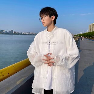 中国风盘扣防晒衬衫男夏季薄款冰丝褶皱潮牌设计感长袖衬衣外套潮