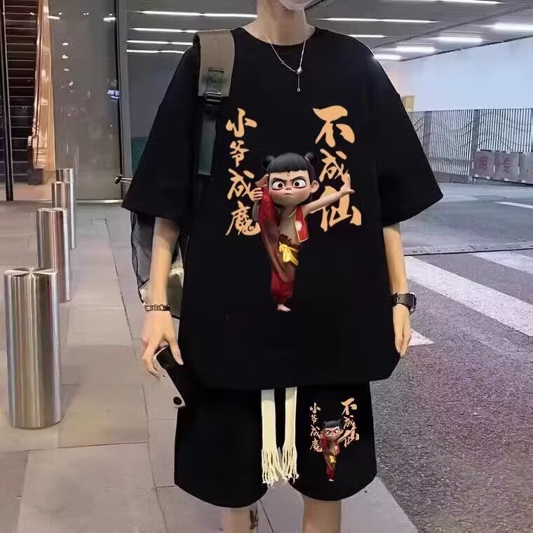 哪吒魔童闹海印花短袖短裤套装男