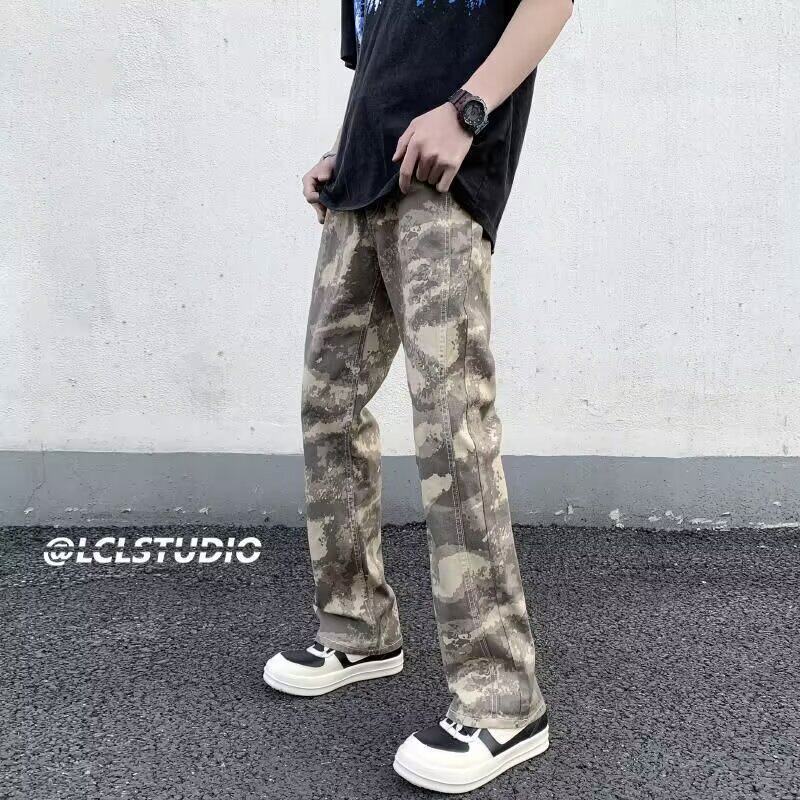 美式复古春夏季潮牌迷彩牛仔裤男