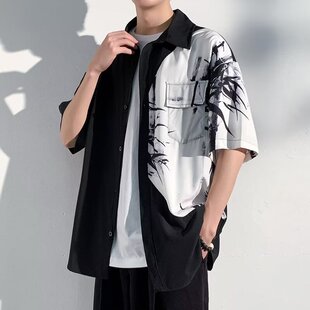 新中式国风黑白拼接短袖衬衫男夏季潮流高级感冰丝扎染衬衣外套潮
