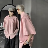 粉色短袖 中国风潮牌暗纹高街痞帅立领冰丝衬衣外套 薄款 衬衫 男夏季