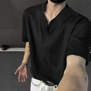 美式潮牌短袖t恤男夏季潮流cleanfit亨利V领休闲纯色宽松正肩上衣