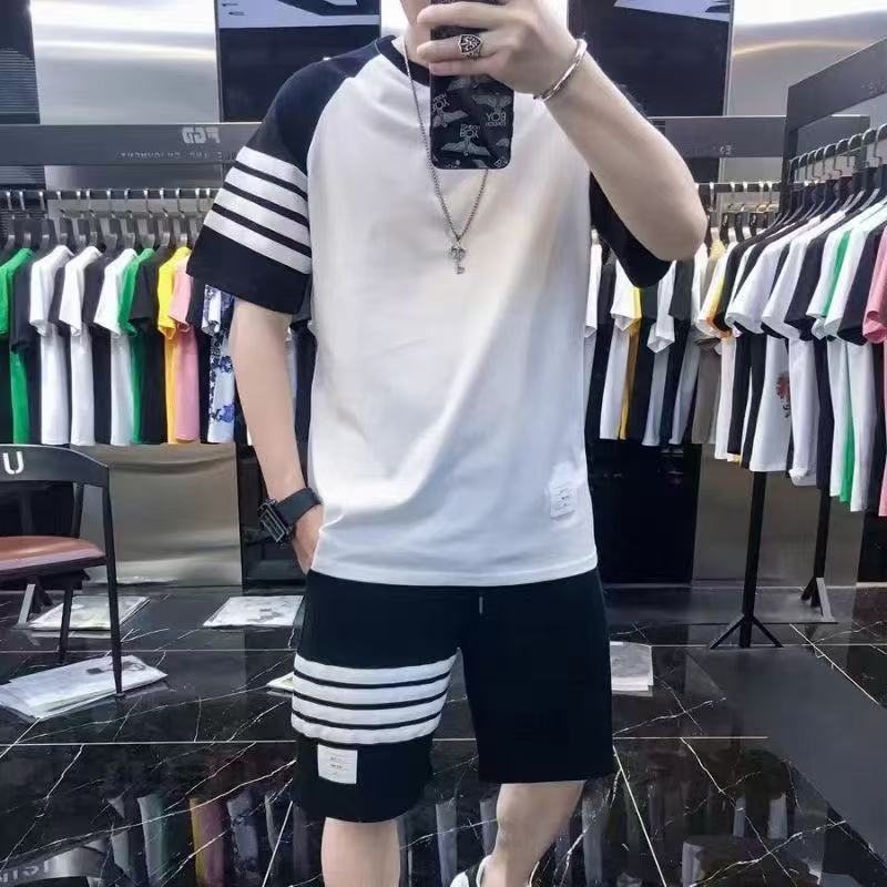 潮牌条纹休闲运动短袖短裤套装男
