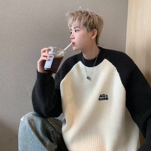 美式潮牌插色毛衣男秋冬季日系慵懒复古针织衫拼接青少年线衣外套