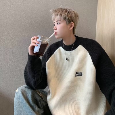 美式潮牌秋冬圆领拼接插色毛衣男