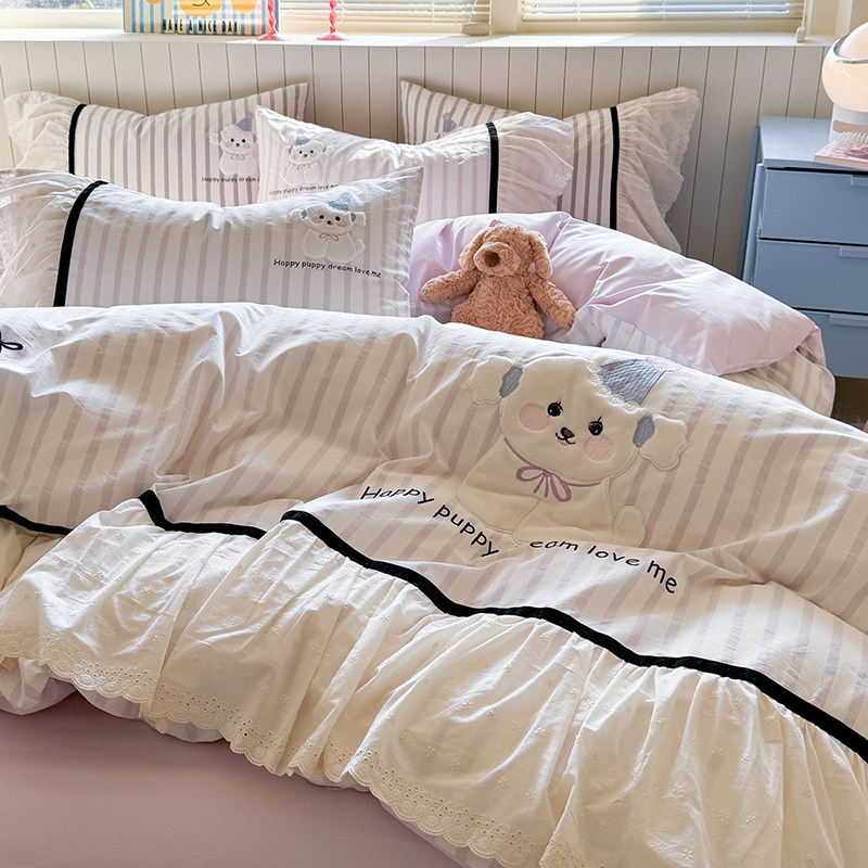 少女心新款纯棉水洗棉四件套全棉公主风被套床单儿童女孩床上用品