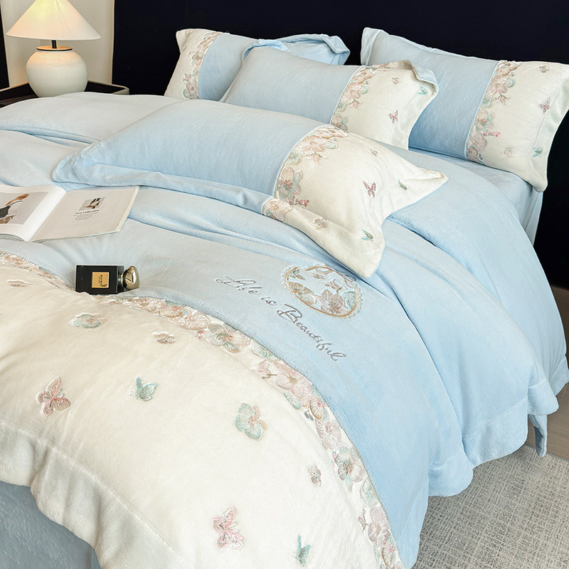 冬季新款加厚牛奶绒四件套保暖珊瑚绒被套床单床笠款轻奢床上用品