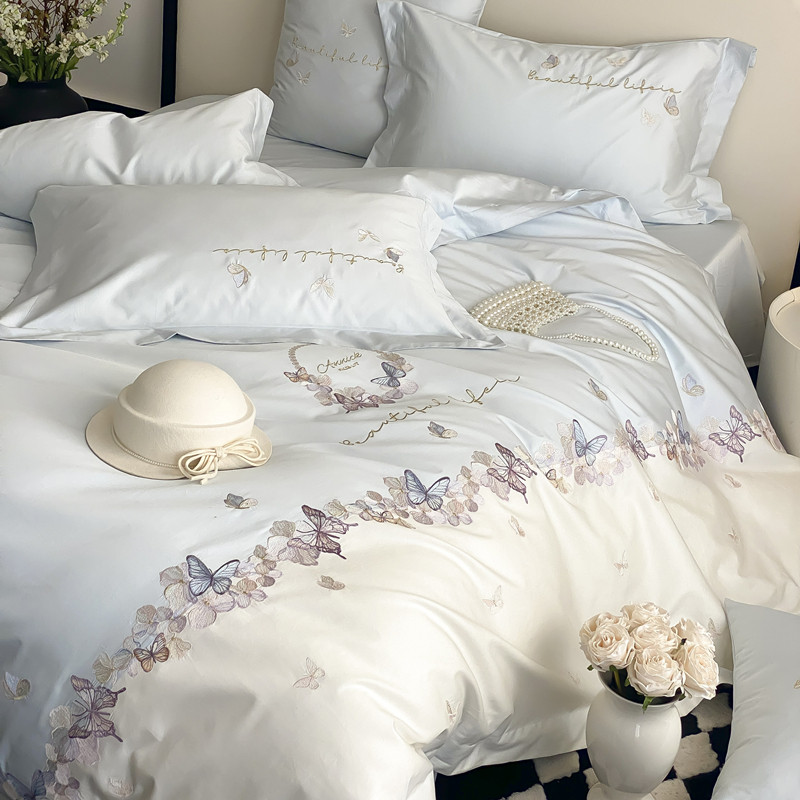 新款蝴蝶刺绣被套床上四件套斜纹纯棉全棉床单床笠轻奢高级感床品