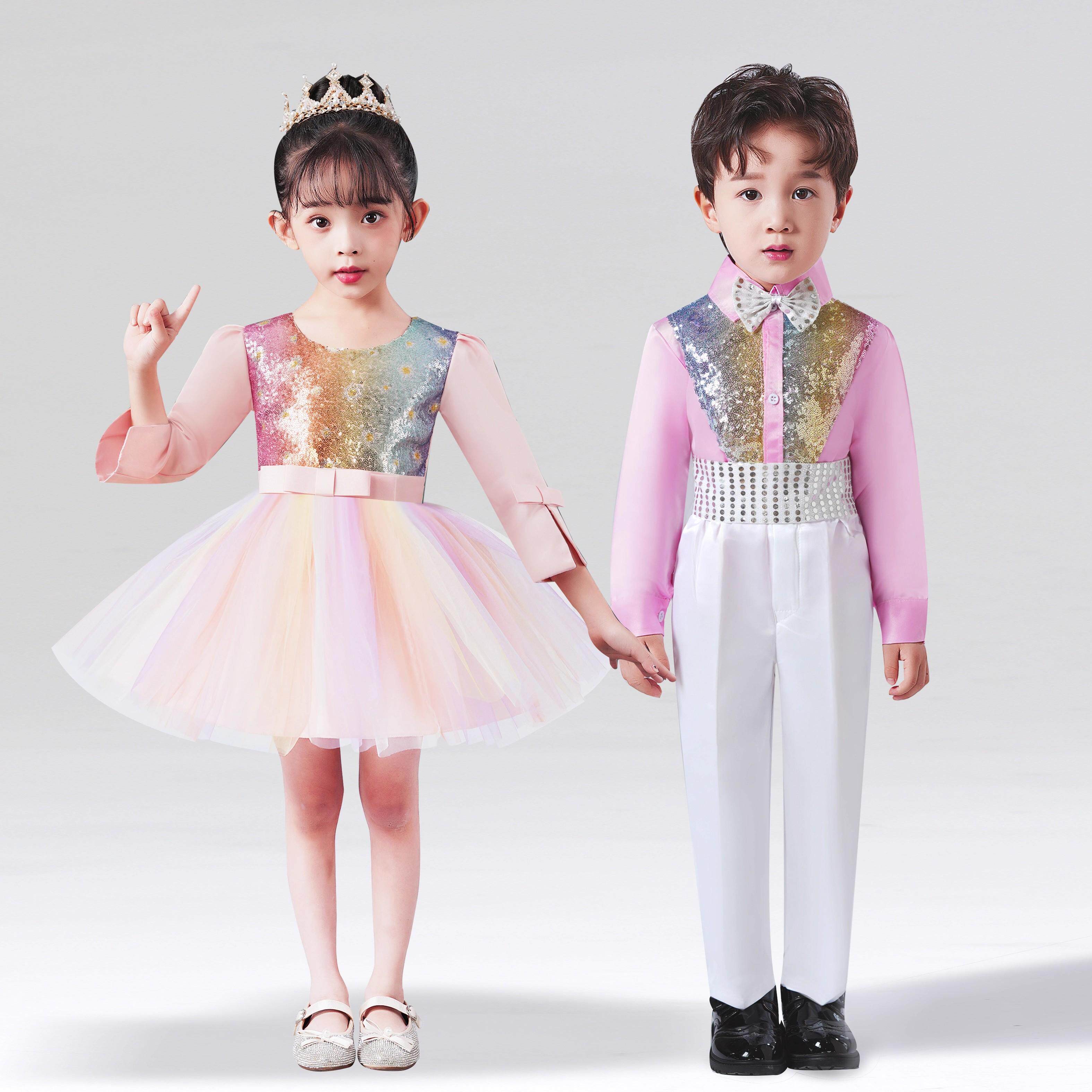 儿童演出服六一毕业新款蓬蓬裙集体大合唱彩色表演服服走秀礼亮片