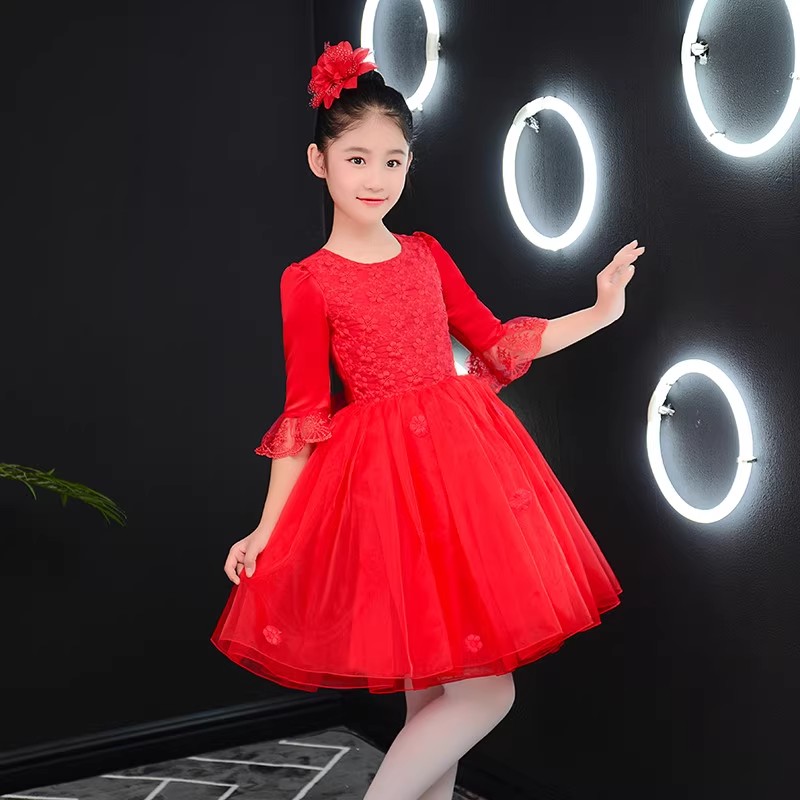 连衣裙女童红色公主裙长袖蕾丝拼接网纱蓬蓬裙合唱演出服洋气礼服