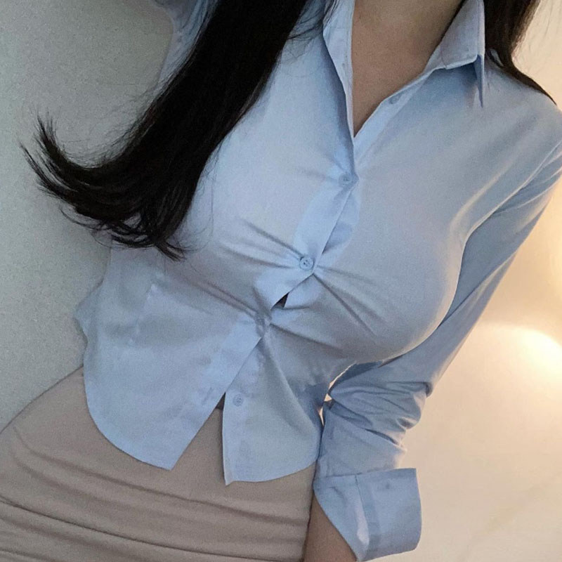 韩国东大门新品 气质性感显身材 天蓝色翻领长袖衬衫女