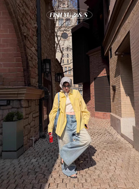 FISHYU 早春2026新款韩版彩色度假英文立体烫图竖条纹衬衫上衣ins