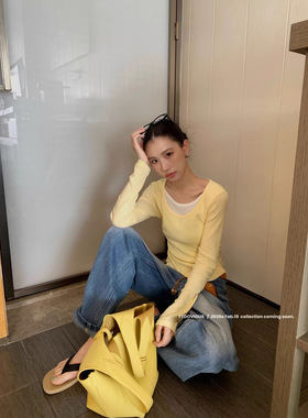 TTOOVOUIS 春季新款假两件针织T恤女收腰抽褶打底衫洋气修身ins风