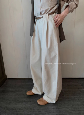 TTOO VOUIS春季新款百搭松弛长裤带腰带压褶宽松阔腿休闲裤女垂感