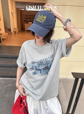 FISHYU夏季2026新款街头范个性牛仔腰头印花立体装饰短袖t恤ins风