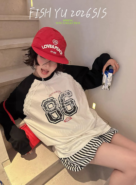 FISHYU早春2026新款复古风字母印花撞色拼接蕾丝长袖洋气t恤女ins