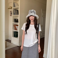 you think夏季新款圆领短袖拼镂空花边设计感学生减龄上衣T恤女潮