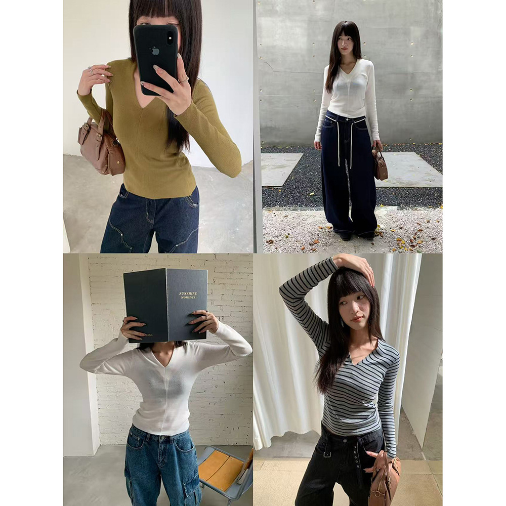 誉一新款2025秋季甜辣风领针织衫女百搭修身显瘦长袖上衣女c3090