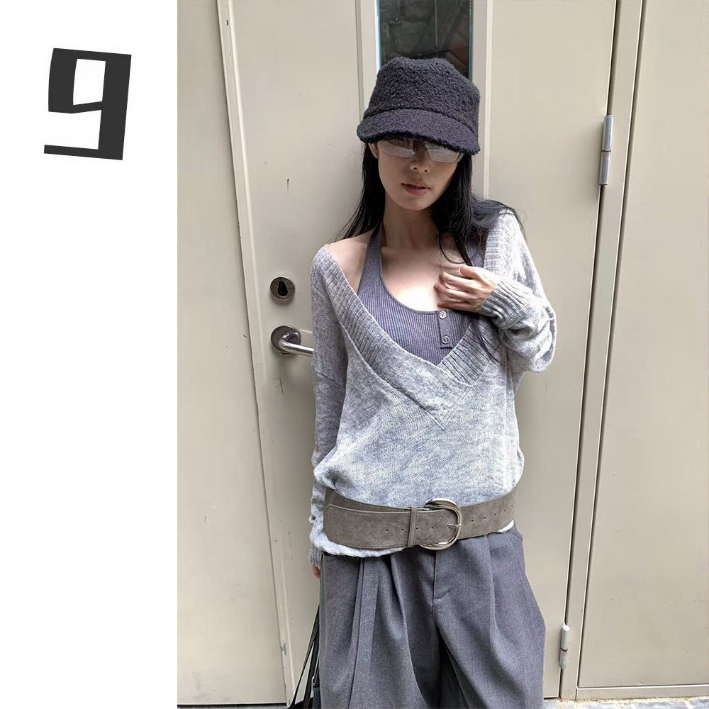 9hour设计感显瘦针织衫女2025年秋季深V领挂脖拼接假两件针织毛衣