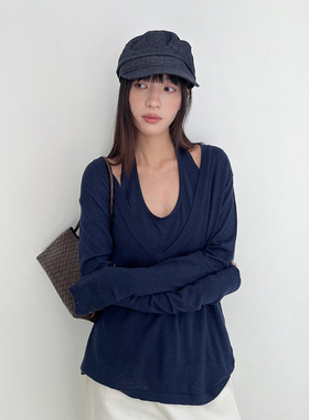 誉一新款2026春季新款韩版假两件挂脖深V领针织衫女设计感上衣女