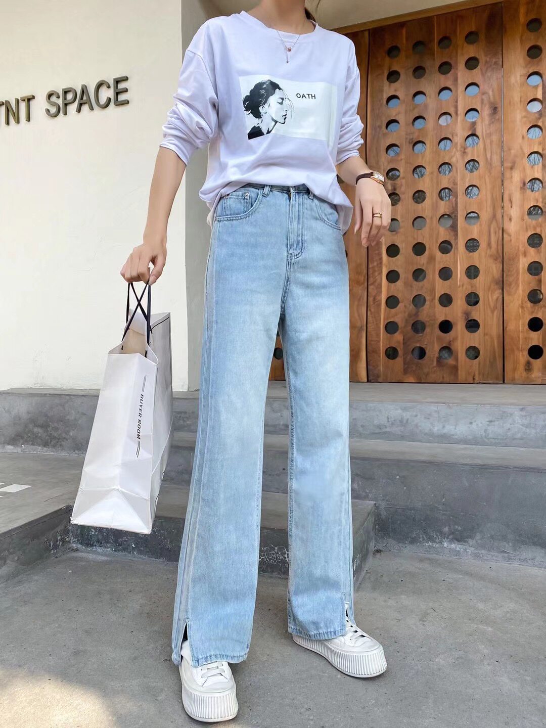 韩范ins高腰开叉哈伦老爹裤牛仔裤女长裤阔腿裤直筒休闲裤子港味