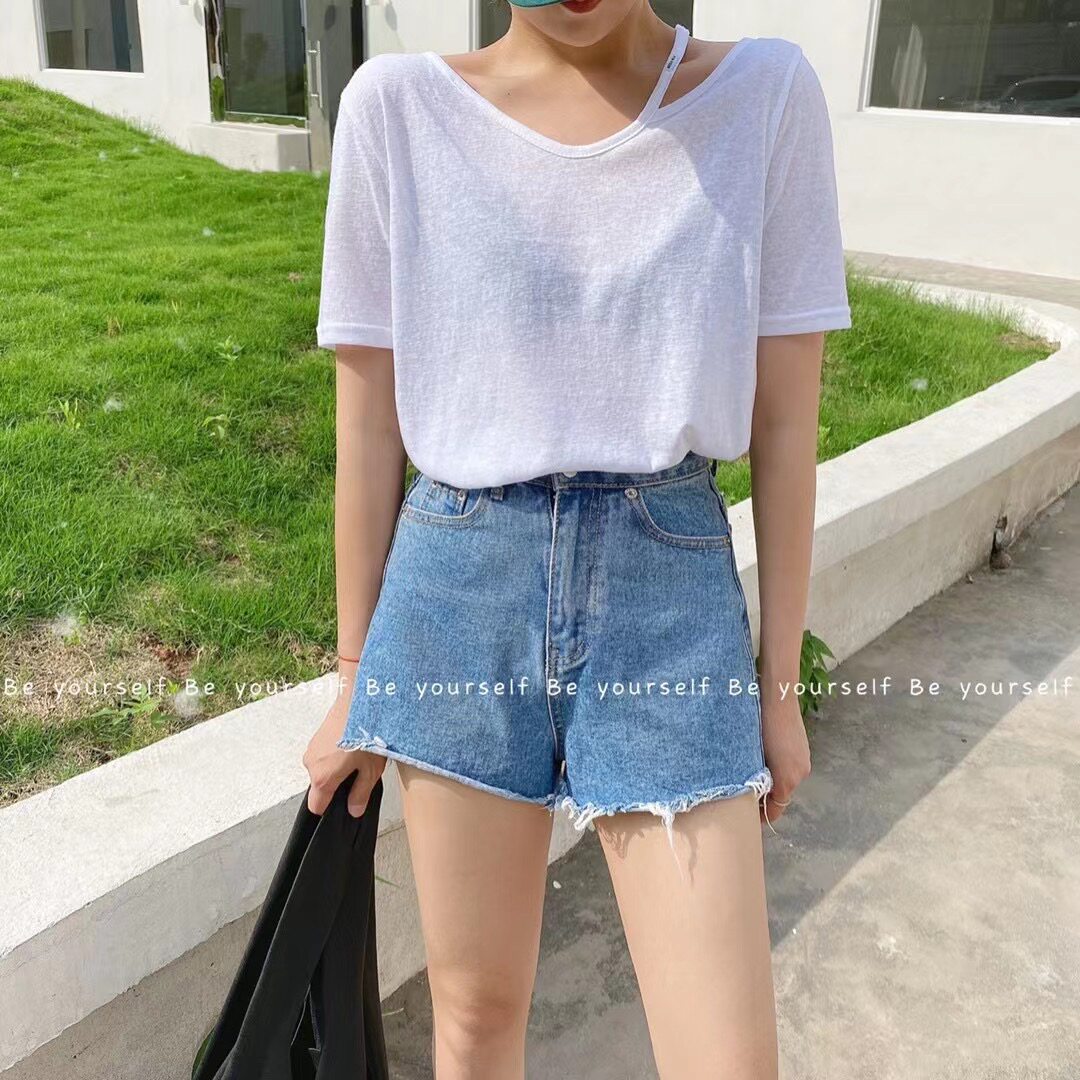 beyourself夏季新款小心机领口开肩上衣竹节棉白色V领t恤女短袖薄