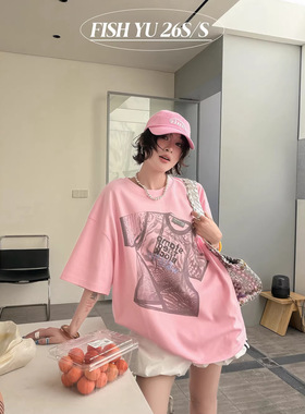 FISHYU夏季新款原宿风ins复古彩色贴标字母印花短袖t恤女学生上衣