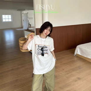 t恤上衣 街头潮复古做旧贴布印花宽松圆领韩系短袖 FISHYU夏季 新款