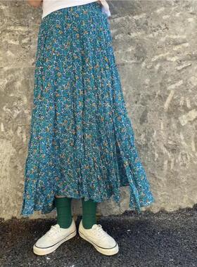 ONESEVEN韩版2025新款春夏森系碎花雪纺半身裙大摆a字开叉百褶裙