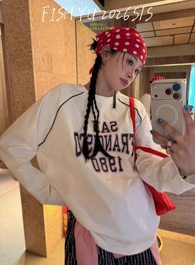 FISHYU早春2026新款美式复古字母印花撞色芽条圆领长袖t恤女ins风