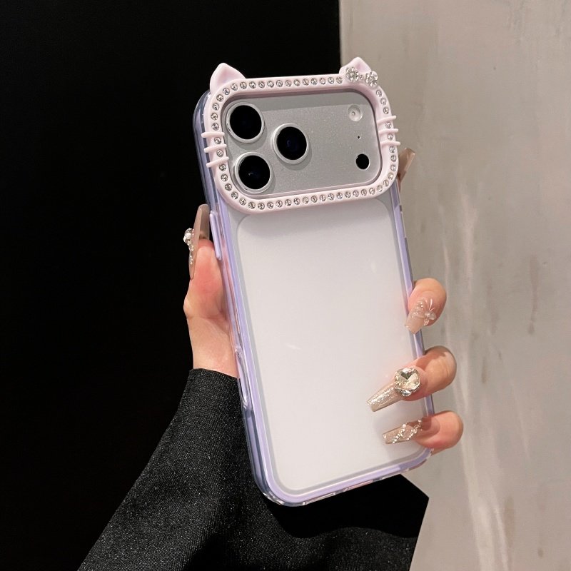小猫耳朵镶钻相框适用苹果17promax手机壳高级感潮流时尚小众iPhone16pro半透明15卡通简约14/13/12/11保护套