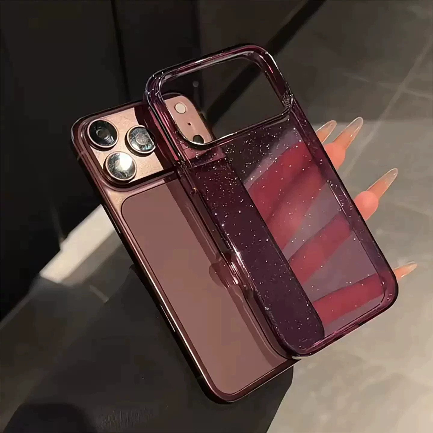 酒红色适用于苹果18promax手机壳新款璀璨闪粉iPhone17pro同款新颜色女款大孔简约透明全包ins风爆款高级感潮