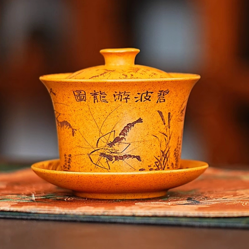 宜兴原矿紫砂全手工龙骨金砂柴烧刻绘碧波游龙双鱼图三才盖碗170c