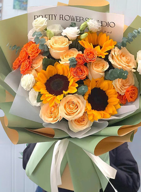 河北省承德市双桥区双滦区鲜花店同城配送生日玫瑰向日葵混搭花束