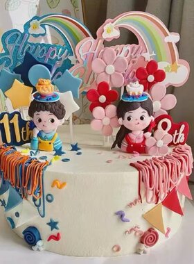 双胞胎蛋糕生日装饰摆件软陶小男孩女孩人偶龙凤胎公仔甜品台插件