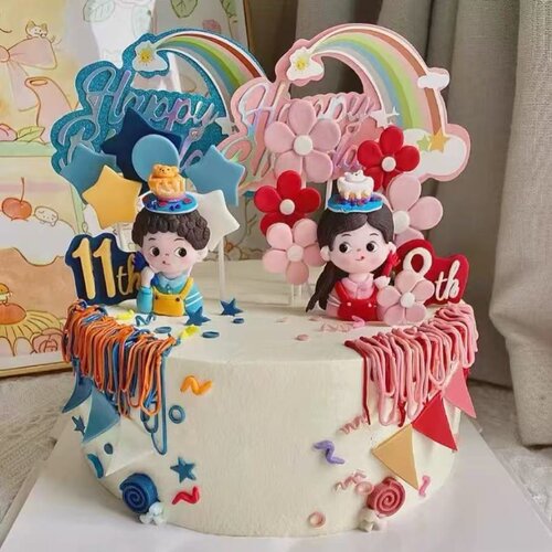 双胞胎蛋糕生日装饰摆件软陶小男孩女孩人偶龙凤胎公仔甜品台插件