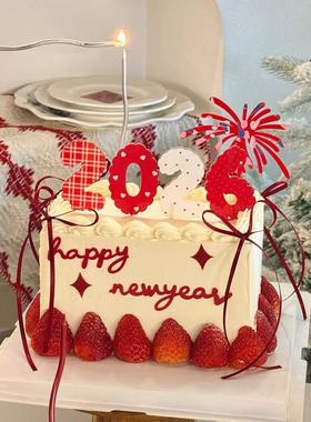 网红新年红色礼花亚克力蛋糕装饰插件2026数字元旦跨年烘焙装扮