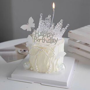 仙女蛋糕装饰珍珠蝴蝶结水晶皇冠摆件钻石HB插件女神生日快乐装扮